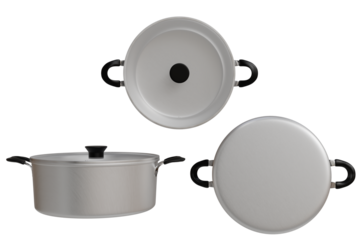 A studio shot displays a silver, three-piece cookware set a pot with a lid and a separate lid, all featuring black handles and a simple, minimalist design.  The lids are slightly domed