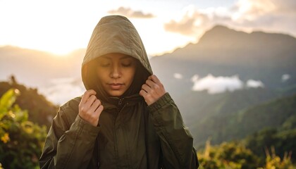 Woman in hoodie with mountain sunset.