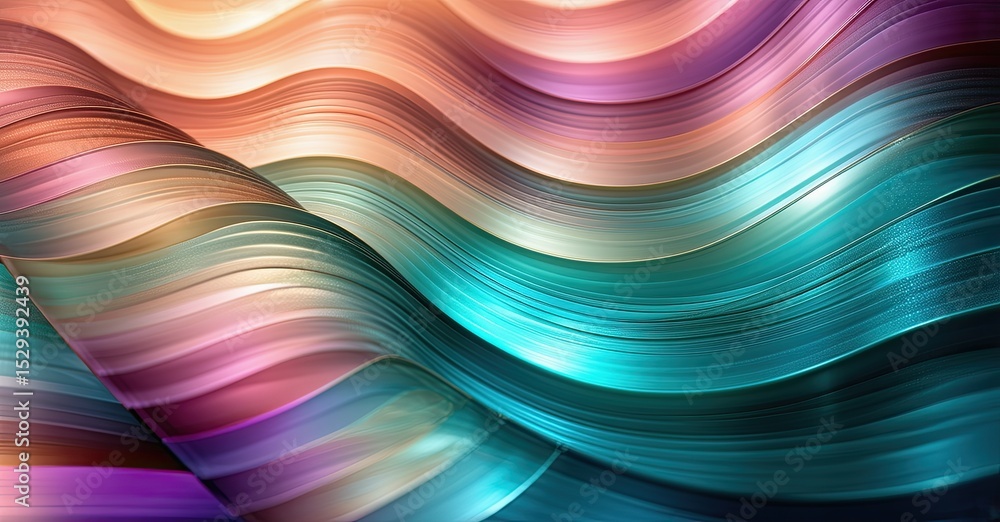 Poster Abstract waves, vibrant colors blend. Smooth curves create dynamic, flowing pattern. Light reflects, offering visual texture.