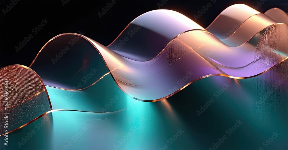 Poster abstract wavy ribbons, vibrant colors, smooth gradients. light reflects, creating dynamic visual eff