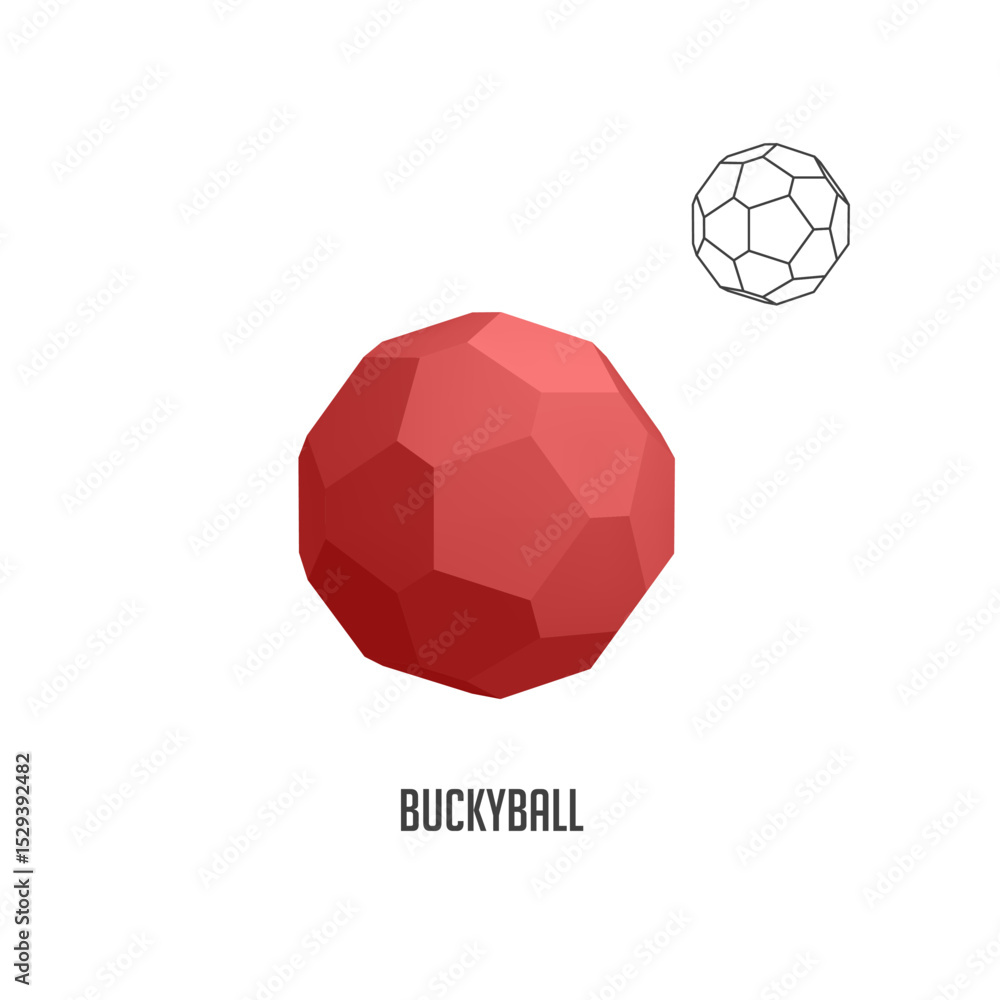 Poster red buckyball rotating in space with a wireframe version showing its structure, representing nanotec