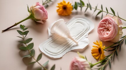 Menstrual cup and sanitary pad with flowers, representing feminine hygiene and natural beauty.