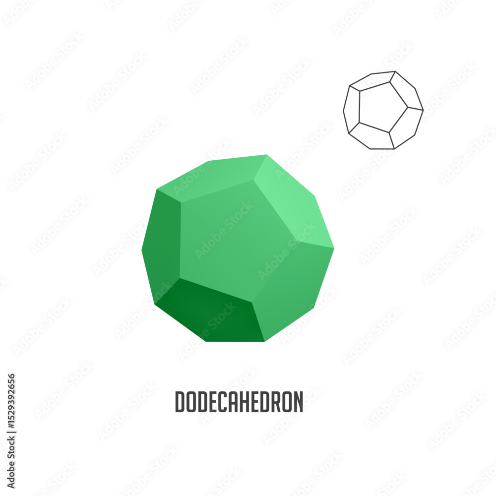 Poster green dodecahedron rotating in white space with its wireframe version also visible, representing con