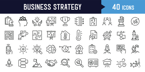 Business strategy set of web icons in line style. A collection of linear icon representing key business concepts, including market analysis, strategy, leadership, innovation, planning. Editable stroke