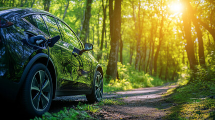 Vintage car driving through road forest and woods with a touch of travel and classic style