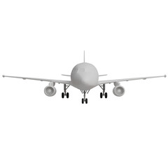 A grayscale digital rendering of a twin-engine passenger jet viewed head-on, showcasing its fuselage, wings, landing gear, and engines.  The image is clean, simple, and lacks significant detail