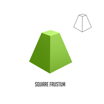 Green square frustum and its wireframe rotating in space, representing geometric shapes and mathematical concepts, ideal for educational or scientific projects