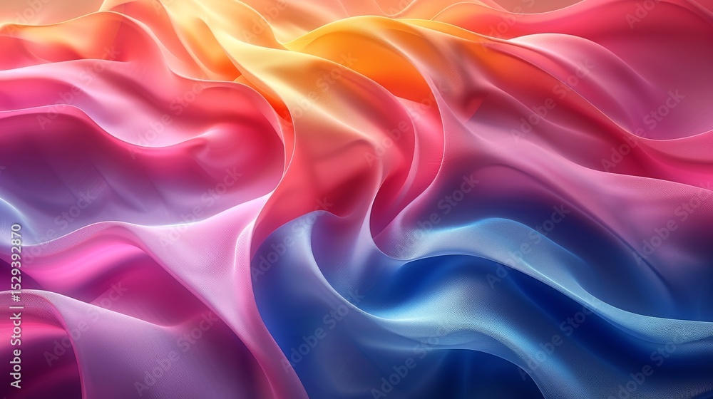 Poster a vibrant display of flowing fabric waves in an array of pink, orange, and blue hues, creating a sof