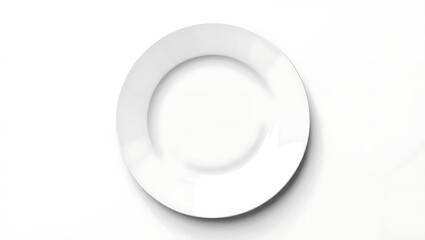 A simple white plate centered on a white background with a subtle shadow underneath the plate edge