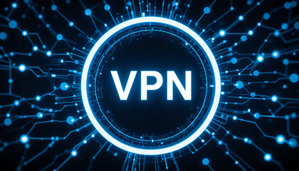 Digital VPN circuit board concept with glowing lines and chip on futuristic technology background in blue tones, nobody visible in the scene new..png & Cybersecurity shield with padlock symbol on dark