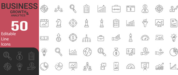 Collection Of Modern Editable Thin Line Style Business Growth And Analytics Icons Set Related Diagrams, Graphs, Financial Profits, Progress, Pictograms Infographics And More Vector Illustration