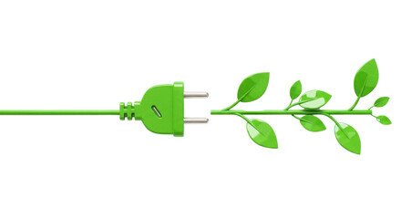 Green electric plug next to a plant branch, sustainable energy concept isolated PNG with Transparent Background