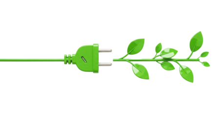 Green electric plug with leaf branch cable on white background