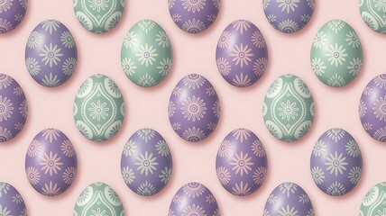 Pastel Easter eggs with floral and paisley patterns arranged on a pink background.