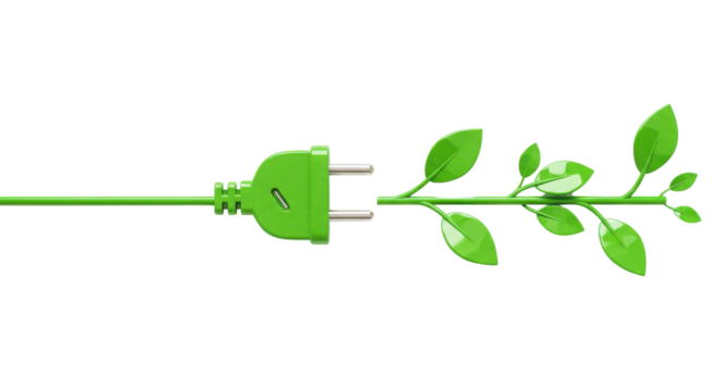 Green electric plug next to a plant branch, sustainable energy concept isolated PNG with Transparent Background