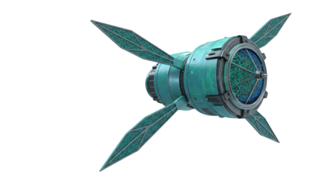 Futuristic metallic teal sci-fi probe isolated on white background 3D render