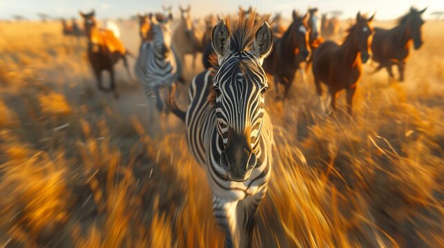 A striking zebra captured in motion as it stands amidst a herd of horses in golden grass, exemplifying the beauty of wildlife and the untamed spirit of nature. - Powered by Adobe