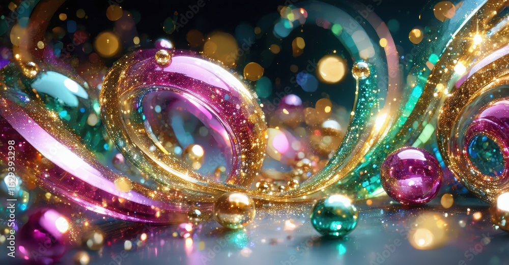 Poster abstract swirls, vibrant colors, glowing orbs create dynamic composition. light reflects off surface