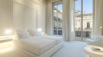 Fototapeta premium Minimalist white hotel bedroom with city view creates serene atmosphere, interior design