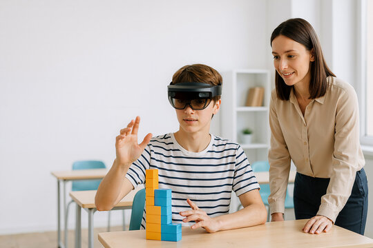 young man using augmented reality glasses to build blocks while adult woman observes in a modern classroom setting with bright natural light