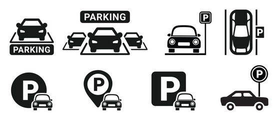 Car parking icon set on white background. Car parking sign. Car parking icon set. Public parking and parking location symbol - stock vector.