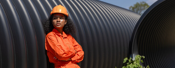 Industry Engineers Walking Inside Circular water Pipe. Engineering or Worker inspection pipe...