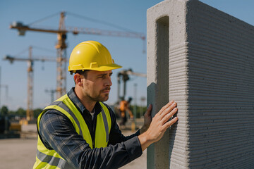 construction worker inspecting concrete block on building site with cranes in background, ensuring safety and quality in modern construction methods