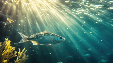Sunlight streams through turquoise water, illuminating a small fish near coral