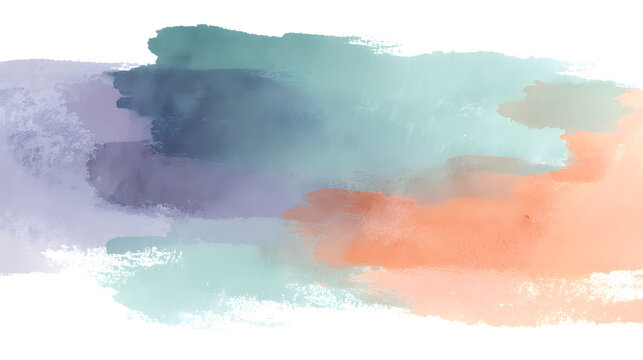 An abstract flat watercolor layout in pastel tones, using feathered brush strokes to create a delicate blend of color on white. The palette includes cool mint, dusty lilac, and faded coral, gently