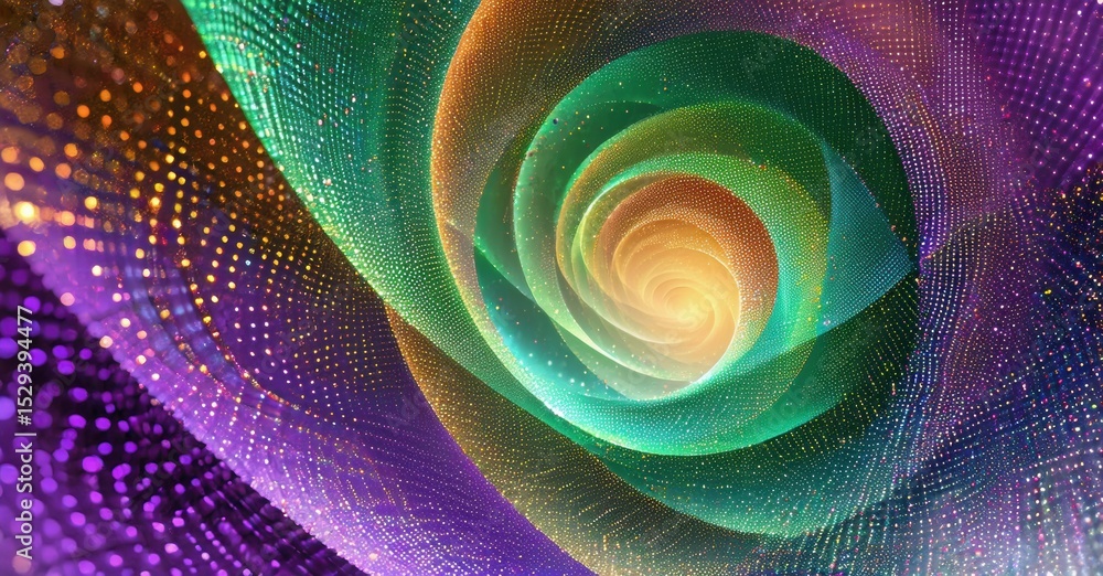 Poster vibrant spiral design. colorful fractal patterns radiate from center. digital art, abstract composit
