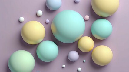 Layered pastel orbs in muted mauve, icy mint, and pale lemon. Calm and minimal 3D abstract background with soothing circular design