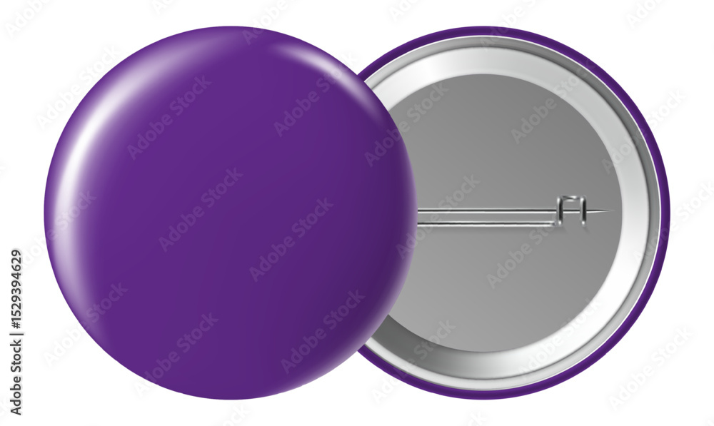 Poster purple blank badge displaying both front and back sides with a pin, isolated against a white backgro
