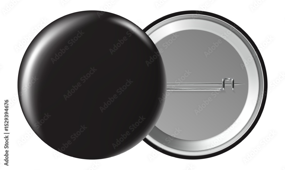 Poster blank black badge displaying both front and back sides with a pin, isolated against a white backgrou