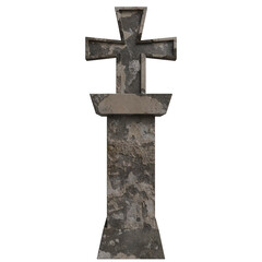 Weathered stone cross, possibly a grave marker, features a simple, geometric design with a slightly tapered shaft and a broad, flat base.  The stone shows significant age and discoloration