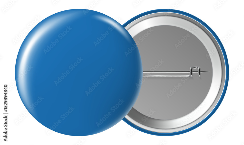 Poster blue blank pin displaying both front and back views, serving as an ideal mockup for adding custom de