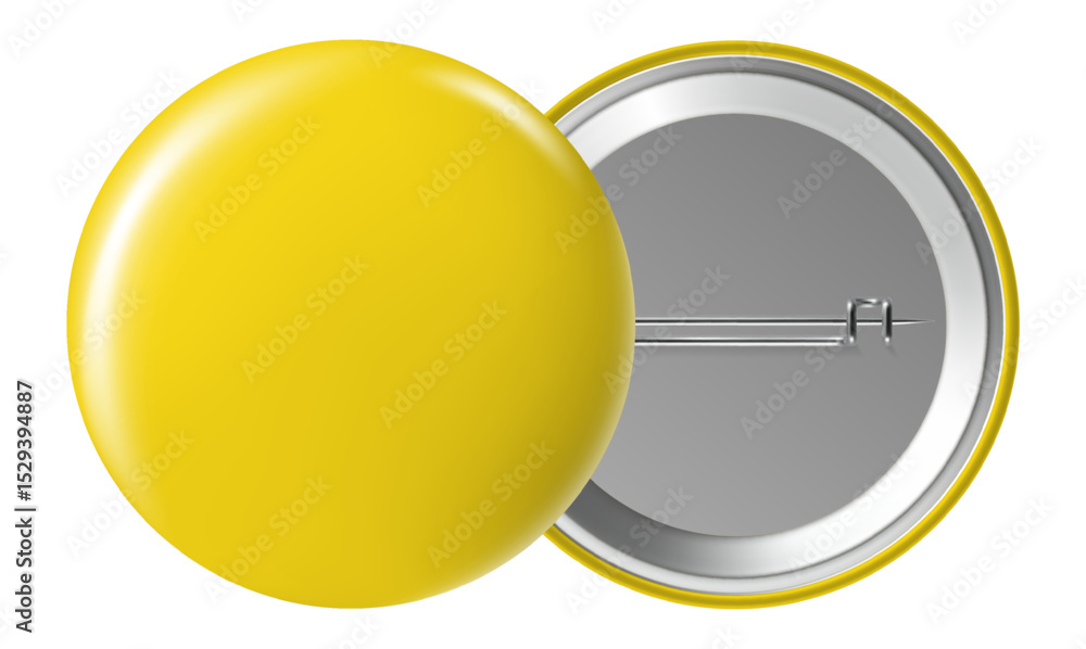 Poster yellow blank badge displaying both front and back sides, featuring a pin button resting on a clean w