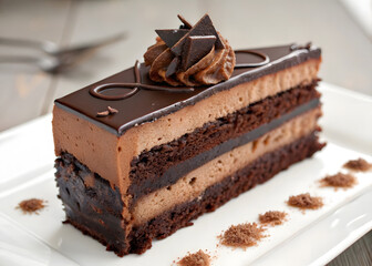 Delicious Slice of Chocolate Layer Cake with Ganache and Toppings