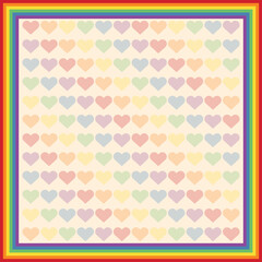 Rainbow LGBTQIA+ flag frame with colorful hearts in the background