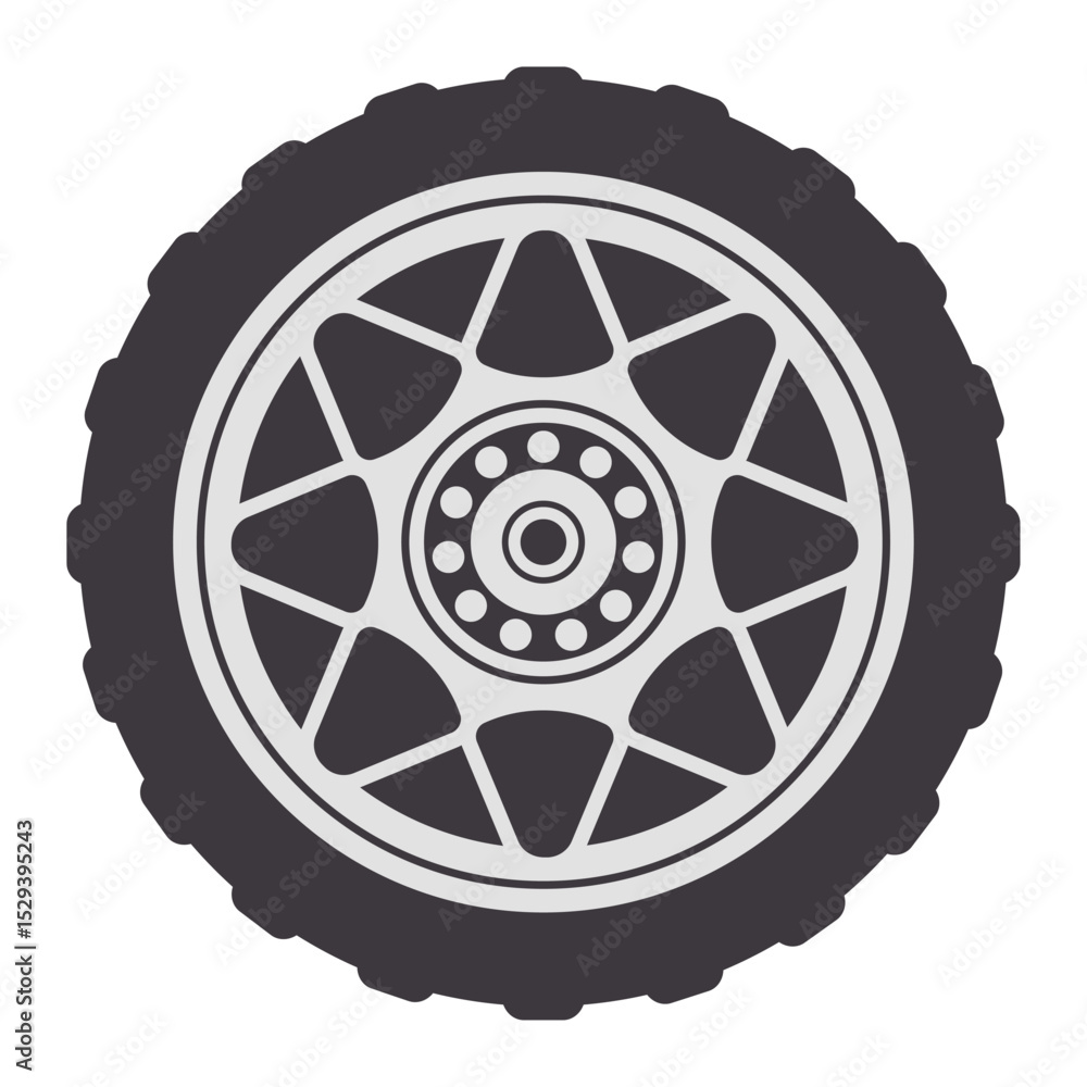 Poster close up view of a tire featuring a rim with eight triangular spokes and visible bolts securing the 