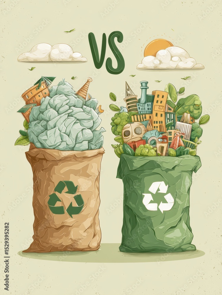 Poster Compostable Versus Recyclable Versus Landfill Materials Explained in an Informative Infographic Comparing Environmental Impact