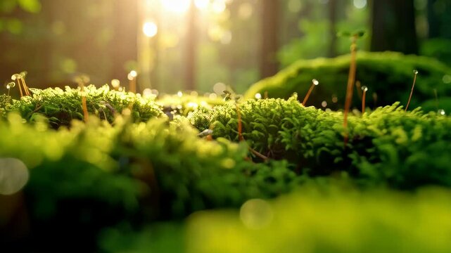 Lush green moss with water droplets, sunlight filtering through trees in the background creating a serene woodland atmosphere.