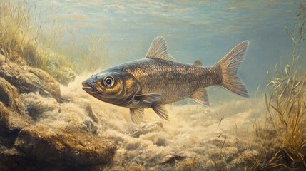 Naklejka premium A fish swims amidst underwater rocks and vegetation. Soft light filters through the water, highlighting the fish's form. Submerged rocks and aquatic plants create a natural habitat