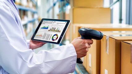 Professional warehouse worker uses barcode scanner and tablet displaying analytics dashboard with charts and graphs for inventory management, supply chain tracking, and logistics operations in modern - Powered by Adobe