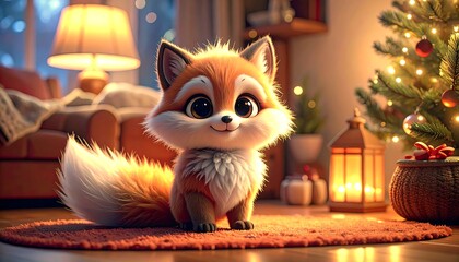 Cute fox with Christmas home scene.