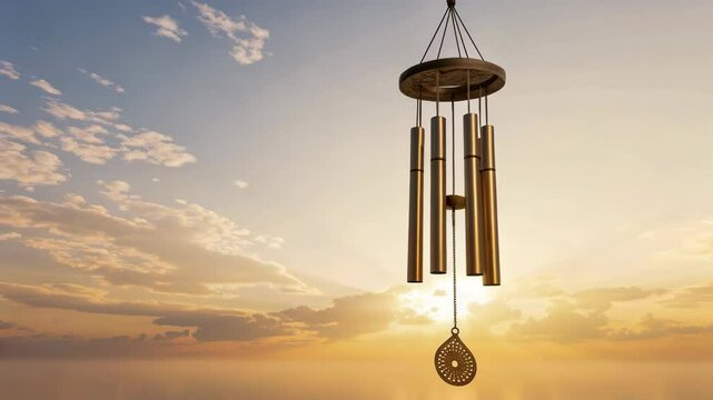 Serene Sunset Scene featuring a Golden Wind Chime gently swaying in the warm evening breeze against a backdrop of peaceful clouds and a hazy horizon.