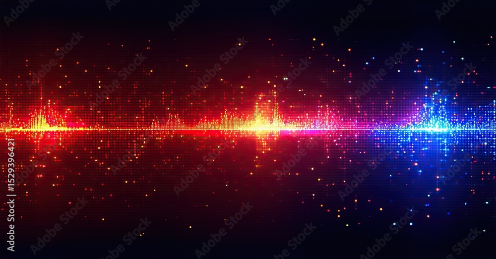 Poster vibrant digital waveform. red, blue particles create dynamic sound visualization. dark background em