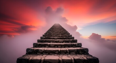 Stone Steps Rising Through  red Pastel Cloudscape