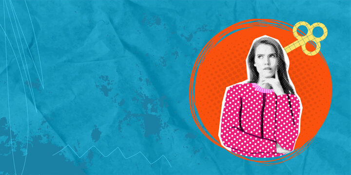 Trendy halftone collage pop art composite sketch collage silhouette young thoughtful lady thoughtful look ask question need answer solve puzzle find idea