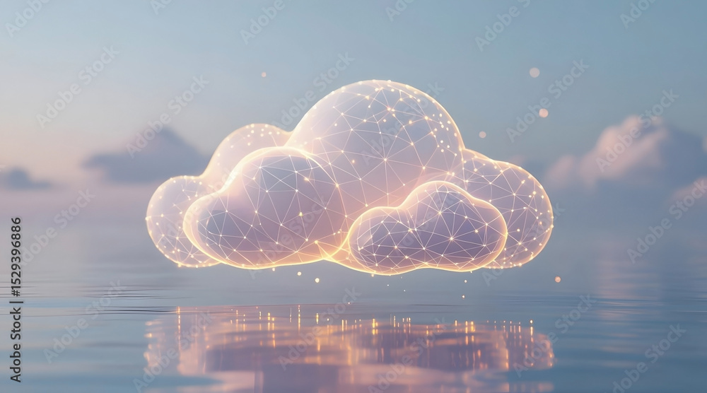 Poster glowing 3d cloud representation floating above water surface reflecting digital network connectivity