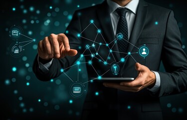 Businessman interacts with digital network of icons